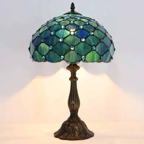 Miniatura 5 de Tiffany Lamp Stained Glass Table Lamp Bedside Reading Light W12H19 Inches (Sea Blue Pearl Style)