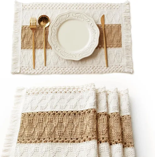 FEXIA Juego de 4 manteles individuales bohemios, decoración de mesa de macramé, manteles individuales estilo granja en arpillera de algodón natural,
