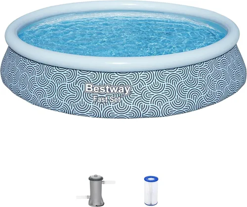 Bestway Fast Set - Juego de piscina inflable redonda de 13 x 33 pulgadas, piscina familiar al aire libre con bomba de filtro, estampado de ratán