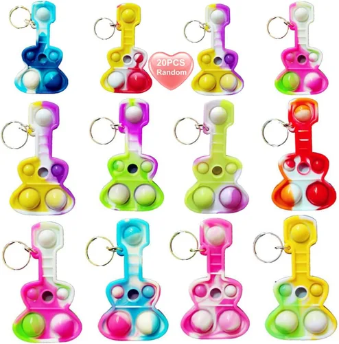 Paquete de 20 llaveros de burbujas para ansiedad con diseño de arco iris a granel, música y guitarra pop, regalo para Pascua, niños y niñas, regalos