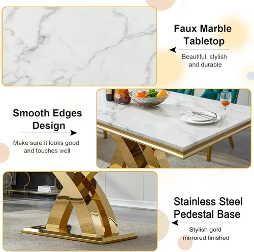Miniatura 6 de Moderno juego de mesa de comedor de mármol para 4, juego de mesa de comedor de lujo para 4, mesa de comedor de mármol sintético de 68 pulgadas