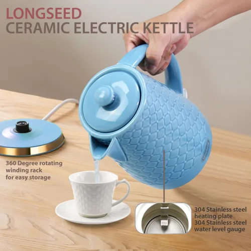 Miniatura 9 de Hervidor eléctrico de cerámica, 1.5L/1200W hierve agua rápida y fácilmente con protección contra hervido en seco y apagado automático, base Azul