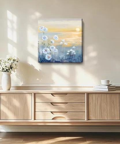 Miniatura 27 de Arte de pared para decoración de baño, imagen de playa azul, tema oceánico, impresión en lienzo de flores, pintura moderna de paisaje marino
