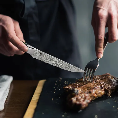 Miniatura 3 de SENKEN - Juego de cuchillos profesionales para carne con hermoso patrón grabado, colección Wasabi, acero de alto carbono dentado afilado y mango