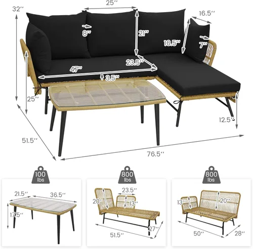 Miniatura 5 de Tangkula Juego de muebles de mimbre para exteriores, sofá de patio en forma de L de 3 piezas con cojines y mesa de vidrio templado, marco de metal