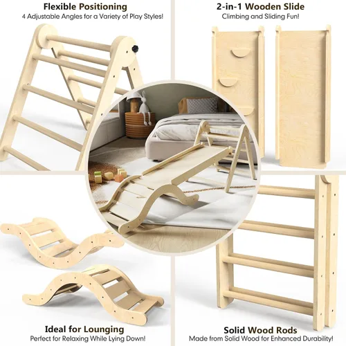 Miniatura 6 de doowroodni Juego de triángulo Pikler 7en1 Juguetes de escalada para niños pequeños de interior Juguetes de escalada plegables para bebés de madera