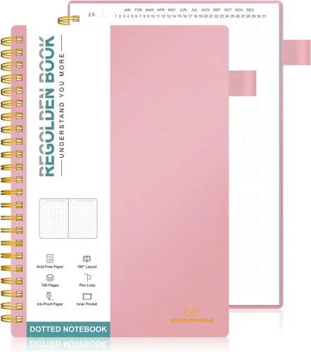 Miniatura 8 de Regolden-Book Cuaderno en espiral sin fecha de puntos, tamaño A5, cuaderno de diario con cuadrícula media, cuaderno espiral grueso con portapluma