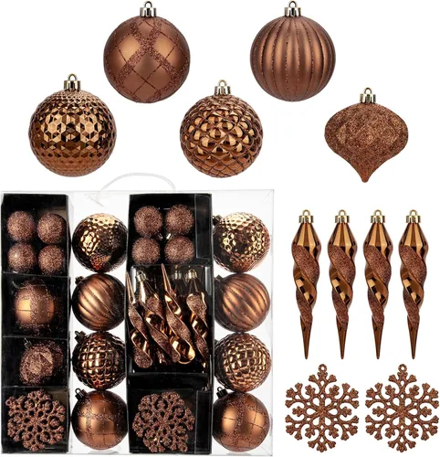 Juego de 50 piezas de adornos para árbol de Navidad con bolas de Navidad irrompibles, adornos de carámbano con copo de nieve colgante para Bronce