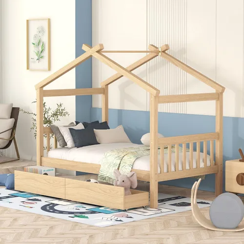 Miniatura 15 de Cama de casa con nido y valla, camas de tamaño matrimonial estilo Montessori con barandillas, marco de cama de madera para niños, niñas, niños