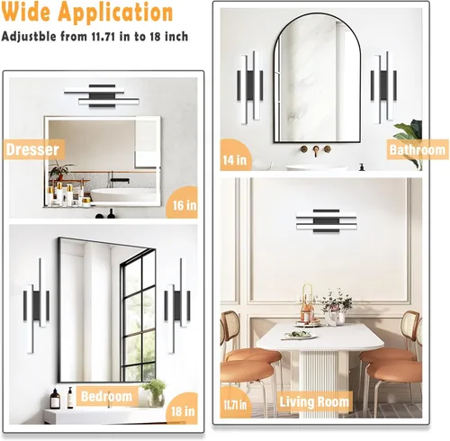 Miniatura 5 de Barra de luz LED para tocador de baño de 18 pulgadas, accesorio de iluminación sobre espejo de 18 W, 5000 K, barra de luz negra para tocador