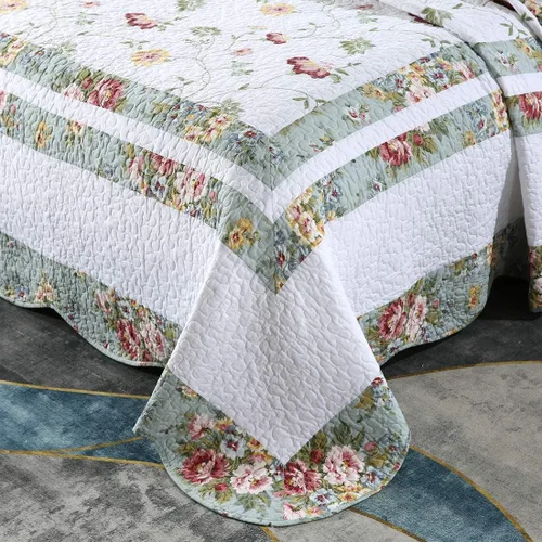Miniatura 6 de vctops Juego de edredón bordado de algodón floral de 3 piezas, elegante, reversible, ligero, suave, con 2 fundas de almohada