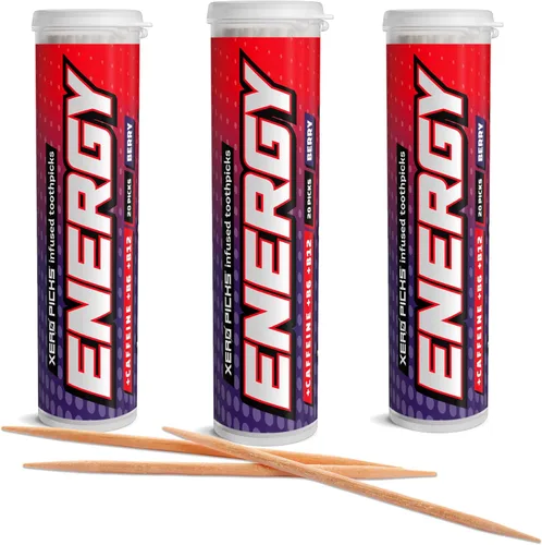 Xero Picks Palillos de dientes saborizados con infusión de energía con cafeína, B12 y B6-60 Palillos (Paquete de 3- Bayas)