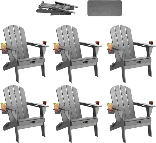 Miniatura 21 de Silla Adirondack Plegable, Sillas Adirondack de Plástico con Textura de Madera con 2 Portavasos, Silla para Hoguera de HDPE Resistente a