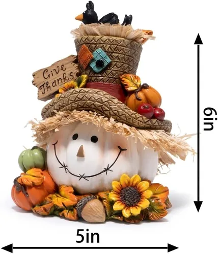 Miniatura 3 de Hodao Decoraciones de calabaza de Acción de Gracias, figura de resina de otoño con sombrero de paja, pájaros, bellotas y girasoles, letrero