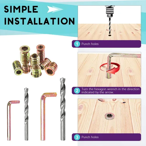 Miniatura 7 de Swpeet 60 piezas de insertos de madera chapados en zinc de 1/4"-0.787 x 0.394 in de color acero al carbono y taladro giratorio de 0.433 in con 1 kit
