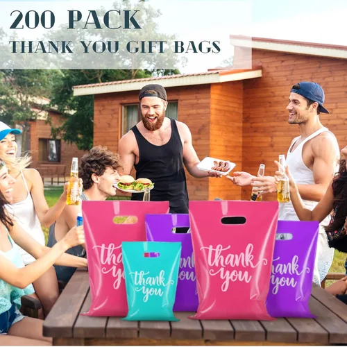 Miniatura 6 de Eersida 200 piezas de bolsas de plástico con asas para agradecimiento, bolsas de compras troqueladas a granel de 3 tamaños, paquete de compras al