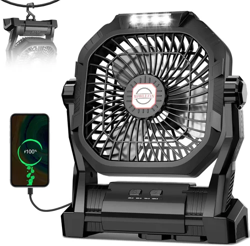 Ventilador de camping recargable, ventilador portátil con batería de 20000 mAh con luz LED y gancho, 4 velocidades ajustables a 270°, esenciales de
