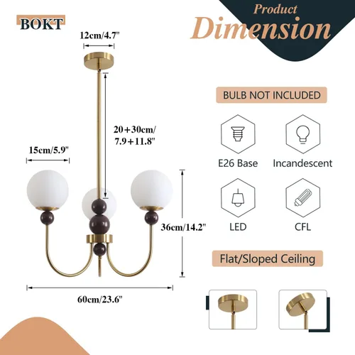 Miniatura 2 de BOKT Candelabros de cristal con forma de globo de mediados de siglo, moderna lámpara dorada para casa de campo, con barra ajustable, lámpara