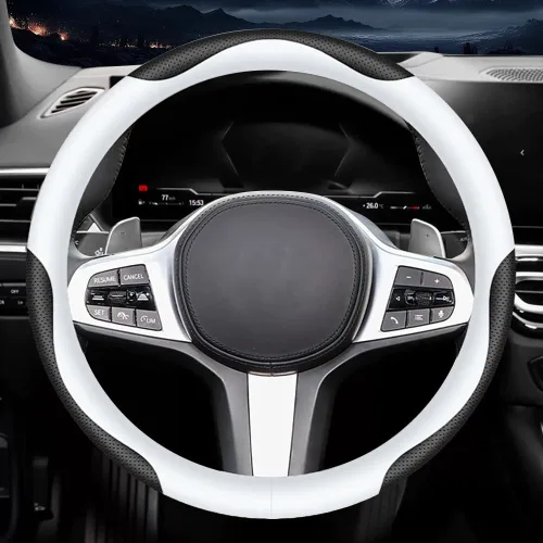 Miniatura 2 de Carodi Funda de cuero para volante de automóvil, elegante, moderna, cómoda, antideslizante, transpirable, universal de 15 pulgadas, color blanco