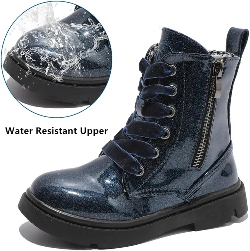 Miniatura 2 de DADAWEN Botas de tobillo con purpurina para niños y niñas, zapatos de combate impermeables con cremallera lateral para niños pequeños, niños grandes