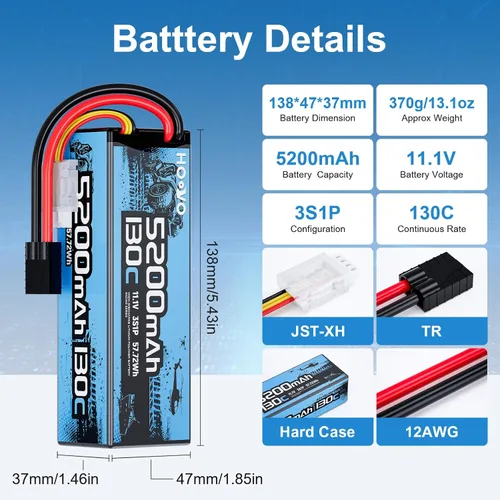 Miniatura 2 de HOOVO Batería Lipo 3S, 5200mAh 130C 11.1V Lipo batería rígida con enchufe TR, batería RC para coche RC, barco RC, camión RC, modelo de carreras RC