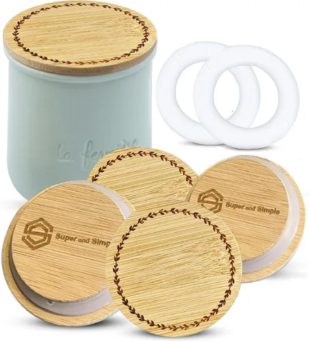 Miniatura 14 de Tapas de Bambú para Frascos de Yogur La Fermiere Paquete de 4 Diseño de Flores Aster Tapas de Bambú con Grabado Floral para Frascos de Cerámica