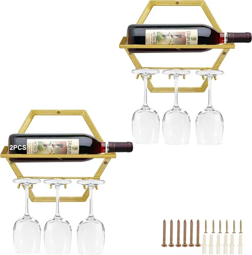 Miniatura 10 de Estante para botellas de vino montado en la pared, organizador de exhibición de vino colgante de metal negro, estantes de vino tinto