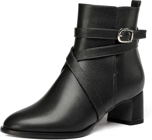 Miniatura 21 de WAYDERNS Botas altas de tobillo con hebilla casual para mujer, con correa de tobillo sólida mate, tacón bajo y grueso, 2 pulgadas