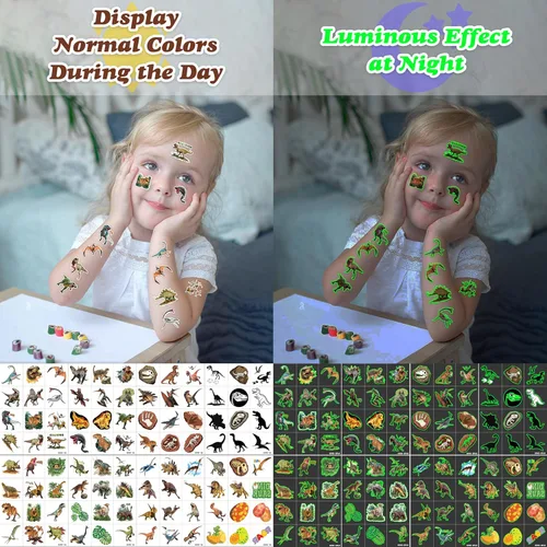 Miniatura 7 de 96 tatuajes temporales de dinosaurios divertidos precortados 3D que brillan en la oscuridad para niños Recuerdos de fiesta de cumpleaños temáticos