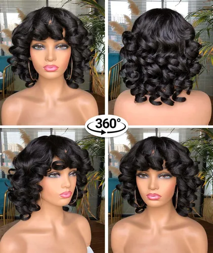 Miniatura 2 de Pelucas cortas y rizadas para mujeres negras, peluca rizada afro con flequillo, rizos sueltos, lindos rizos, pelo sintético para mujeres Negro