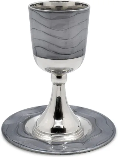Miniatura 6 de Lujoso juego de copas de Kidush en caja de regalo - Níquel pulido y esmaltado (gris oscuro) Elegante copa de vino de 5.75" pulgadas y bandeja a