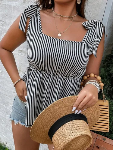 Miniatura 4 de WDIRARA Camiseta sin mangas para mujer, talla grande, con cuello cuadrado, dobladillo con volantes, estilo peplum