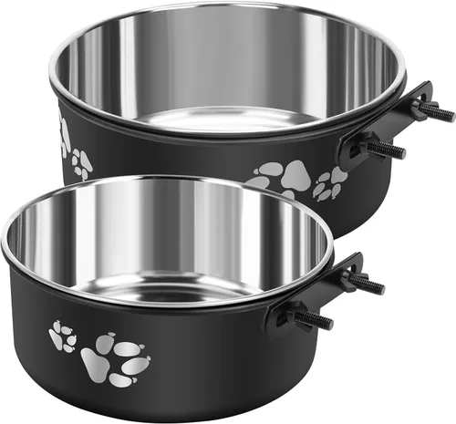 Miniatura 8 de Cuenco de agua para perrera, caja de acero inoxidable para perros, tazón de agua sin derrames, paquete de 2 cuencos colgantes para jaula de perrera