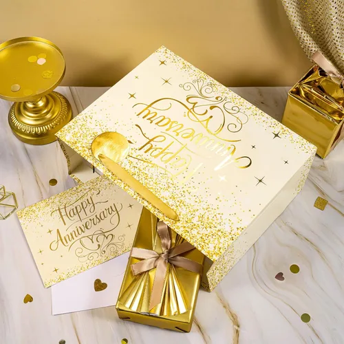 Miniatura 4 de LeZakaa 13" Wedding Anniversary Bag with Tissue Paper, Tag & Greeting Card, Happy Anniversary Gold Glitter Gift Bag for Couple, Parents, Wife
