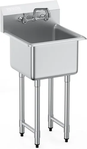 VEVOR Fregadero de acero inoxidable para preparación y utilidad, fregadero pequeño de pie con 1 compartimento, incluye grifo y patas, fregaderos