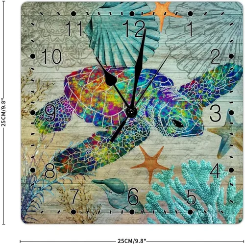 Miniatura 2 de Reloj de pared silencioso sin tictac con temática de playa, océano, colorido, tortuga marina, reloj de pared cuadrado estilo rural costero toscano
