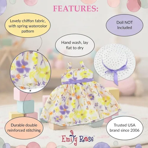 Miniatura 3 de Emily Rose Vestido de gasa de Pascua y primavera de 14 pulgadas con sombrero blanco a juego Traje de verano floral Se adapta a WellieWishers