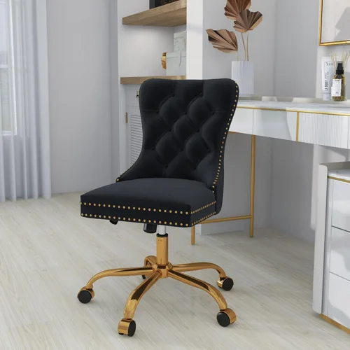 Miniatura 8 de Silla de escritorio de terciopelo con ruedas, silla de oficina dorada, silla giratoria sin brazos con ribete de remache de respaldo alto, cómoda