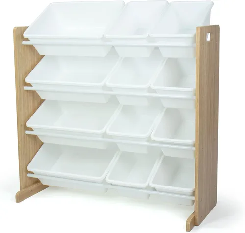 Miniatura 4 de Humble Crew, Organizador de juguetes para niños de madera natural/blanco con 12 contenedores de almacenamiento y 4 niveles, estante de libros