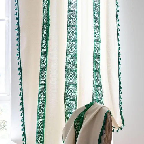 Miniatura 31 de Deeprove Cortinas bohemias para dormitorio, rayas huecas de ganchillo crema y estampado floral, tela de lino de algodón, con borlas beige bohemias