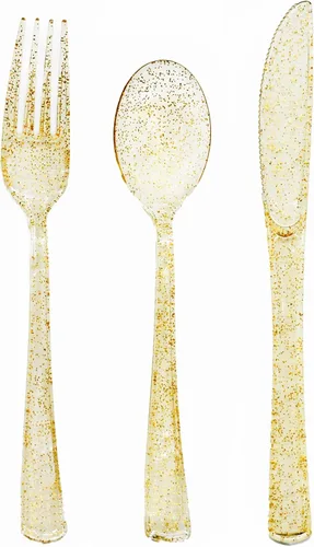 Miniatura 19 de Juego de 150 cubiertos de plástico negro y dorado, resistente, cubiertos de plástico negro y dorado, incluye cucharas, tenedores, cuchillos