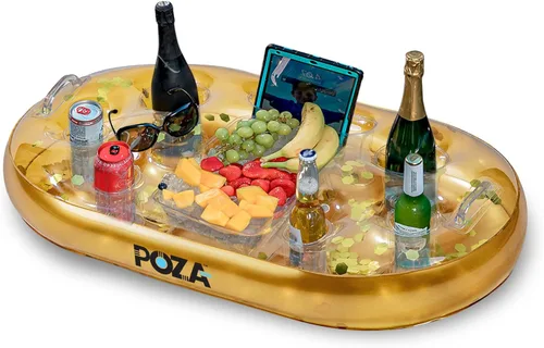 Miniatura 12 de POZA Hielera flotante inflable dorada – Lujoso soporte para bebidas relleno de confeti brillante, flotador de fiesta premium con 8 soportes, barra