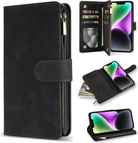 Miniatura 10 de ZZXX Funda tipo cartera para iPhone 14 Plus con [Bloqueo RFID] Ranura para tarjetas Cuero PU suave premium con cremallera tipo folio plegable