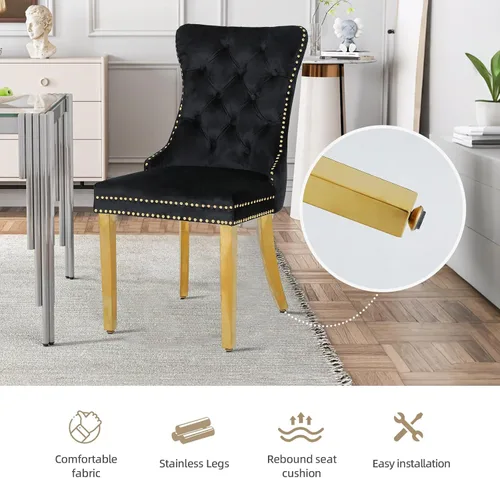 Miniatura 6 de Juego de 2 sillas de comedor de terciopelo, sillas de comedor modernas de lujo con patas de acero inoxidable doradas, sillas decorativas de cocina
