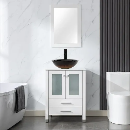 Miniatura 33 de LUCKWIND Combinación de tocador de baño de 24 pulgadas con lavabo, serie elegante con marco pintado, armario de almacenamiento de baño de dos