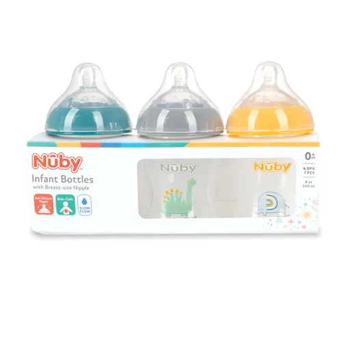Miniatura 2 de Nuby Paquete de 3 biberones para bebés con pezón de silicona de flujo lento tamaño mamario: 0+ meses, 8 onzas, paquete de 3: delicados estampados