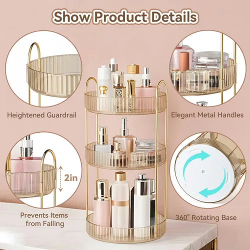 Miniatura 6 de Organizador de maquillaje giratorio de 360° para tocador, organizadores de perfumes de 3 niveles, organizadores de cuidado de la piel