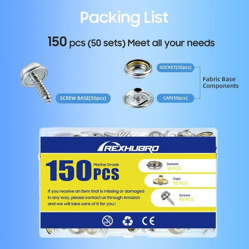Miniatura 2 de Kit de broches de lona, broches de acero inoxidable de grado marino para cubierta de barco - Kit de broches para cubierta de barco 3/8" broches