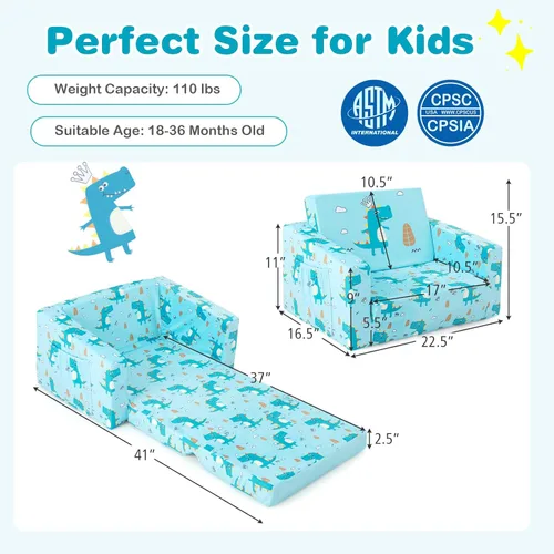 Miniatura 3 de HONEY JOY Sofá para niños pequeños, sofá convertible 2 en 1 con patrón de dinosaurio, silla plegable extra suave para niños y niñas, muebles de sala