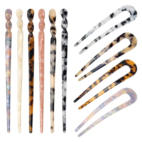 Juego de palillos de pelo de acetato 6+4P, 2 estilos, horquillas de pelo en forma de U, palillos rectos en forma de U, 10 colores, tenedores de pelo